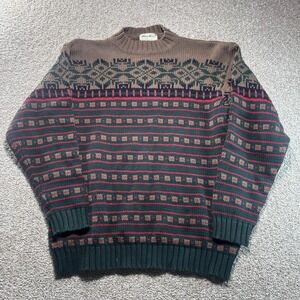 Vintage Eddie Bauer Sweater Mens XL Tall Brown Green Fair Isle Cotton Knit 90s